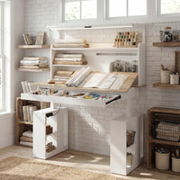 55.1" White Wood Electric Height Adjustable Sewing Table with LED Light and Storage Hutch