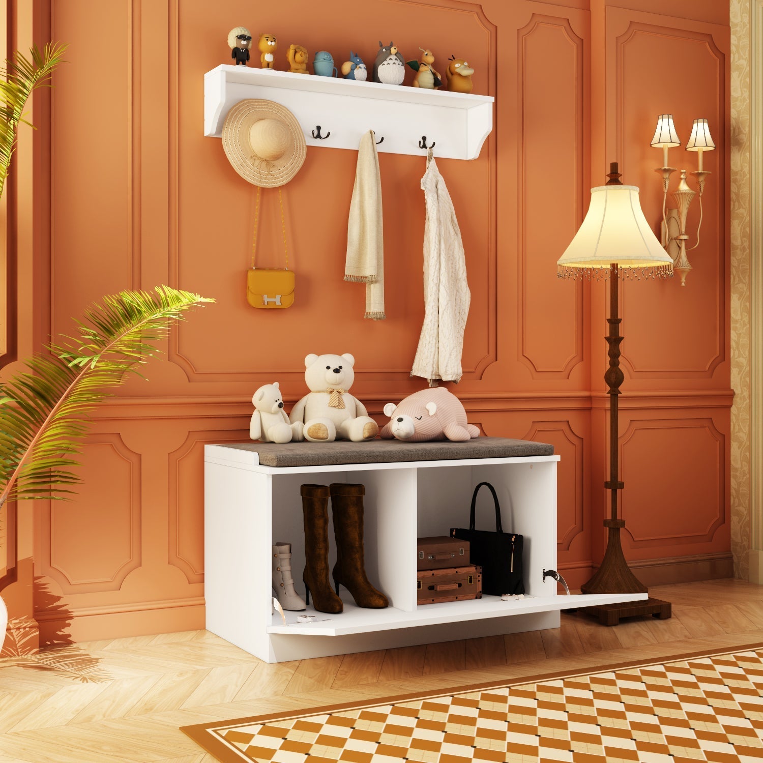 Hall Tree Shelf Rack Shoe Storage Coat Organizer Cabinet for Entryway in Combination