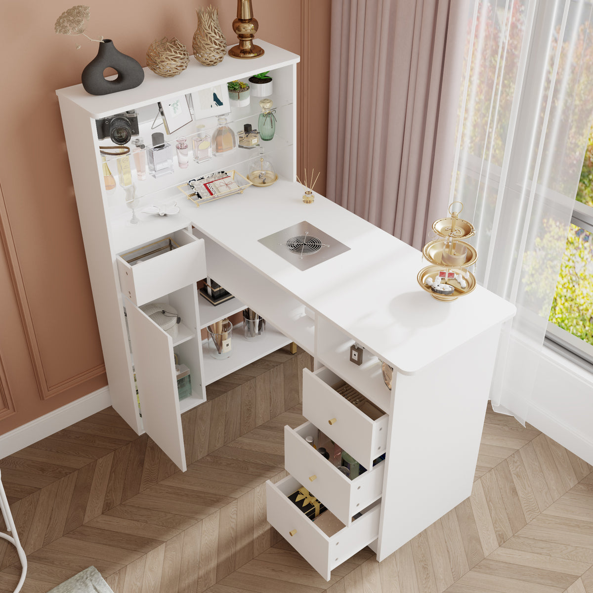 35.4" Modern White L-Shaped Manicure Nail Table with Electric Dust Collector