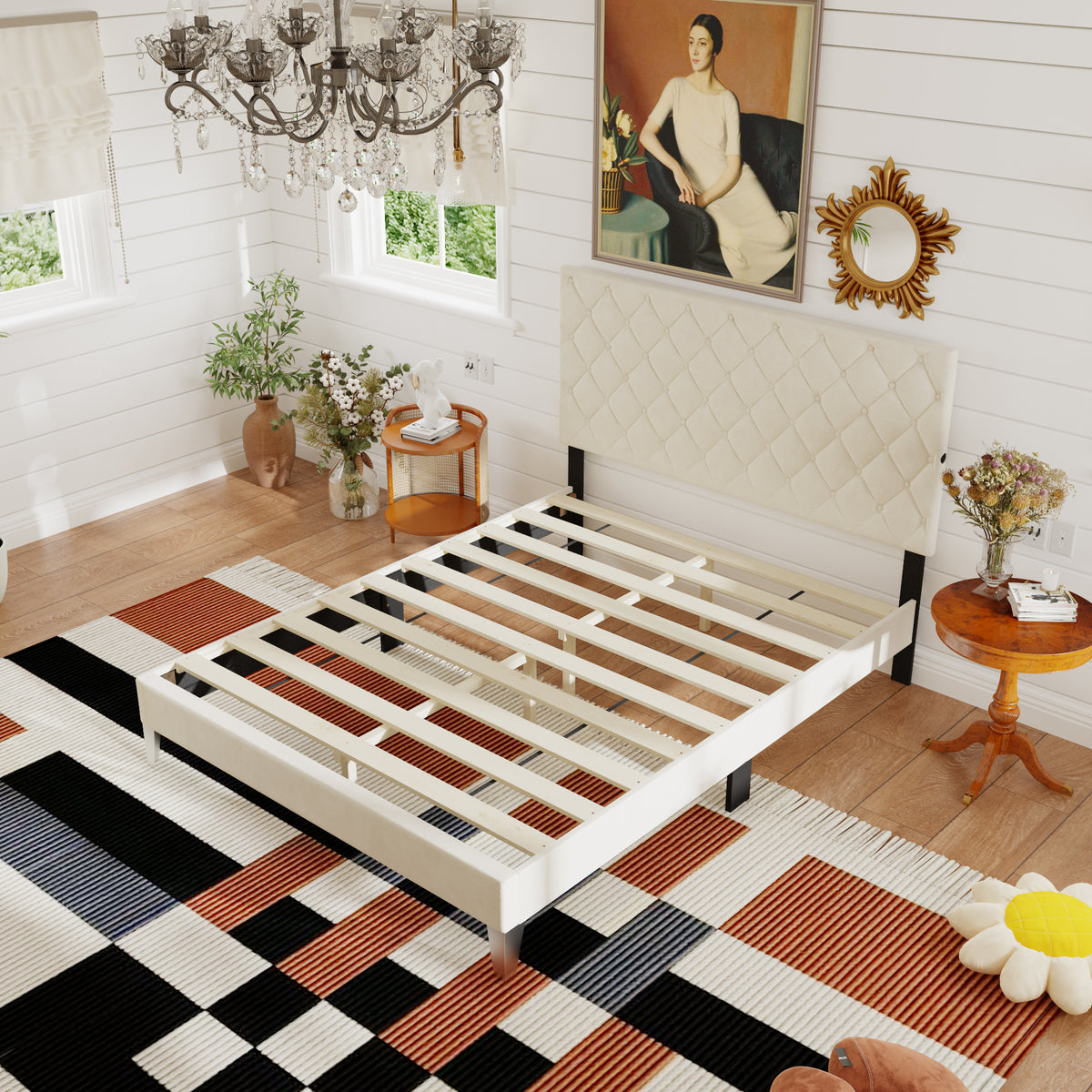 60.8" Modern Beige Platform Bed with Charging Station