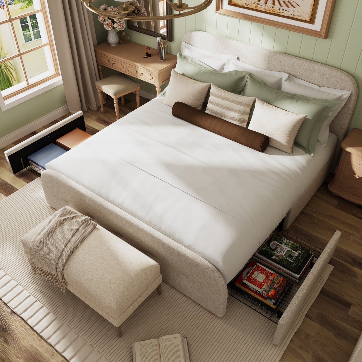 King Size Beige Upholstered Bed with Storage Drawers & Linen Headboard