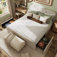 King Size Beige Upholstered Bed with Storage Drawers & Linen Headboard