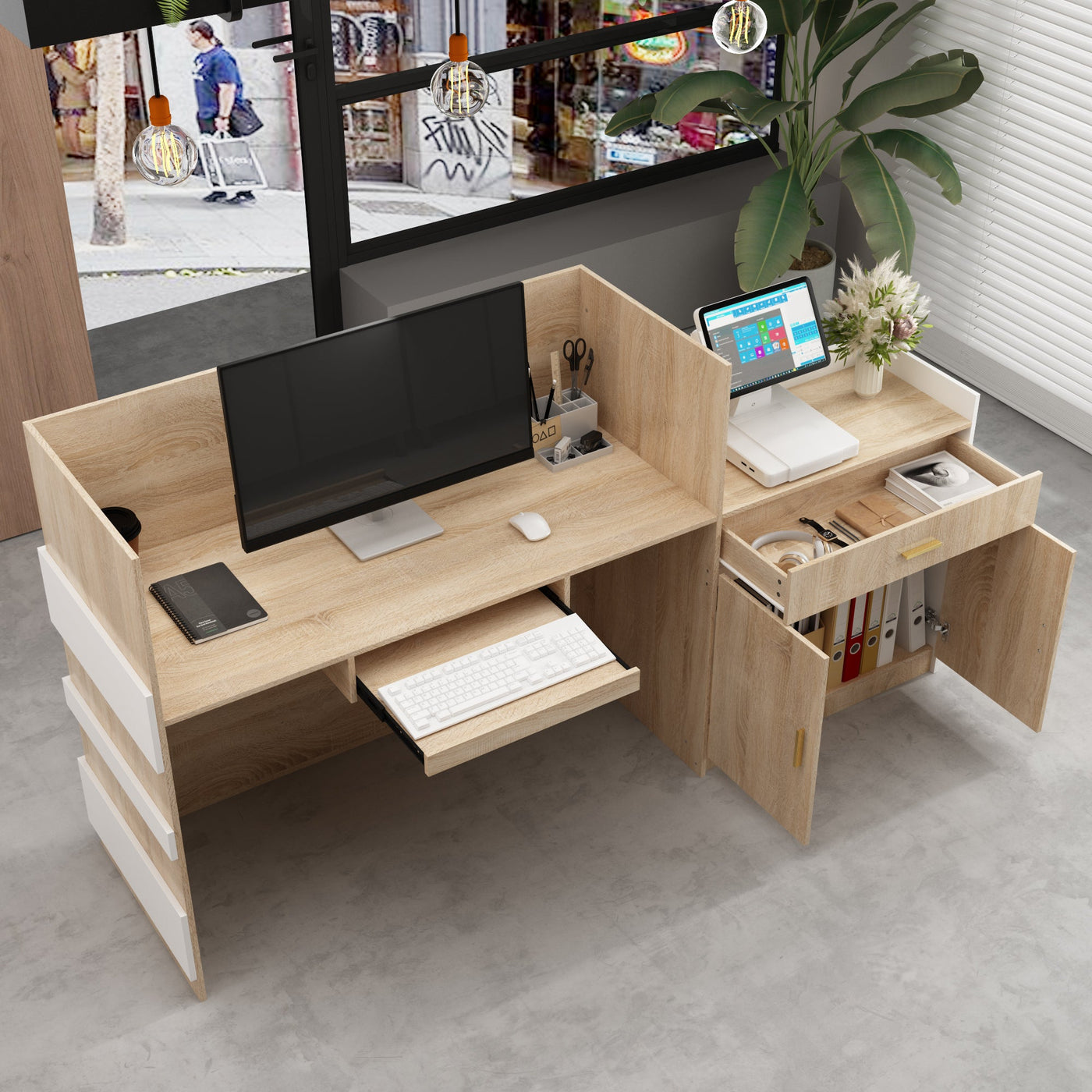 87.2" Modern Minimalist Natural Reception Desk With Drawer And Keyboard Tray