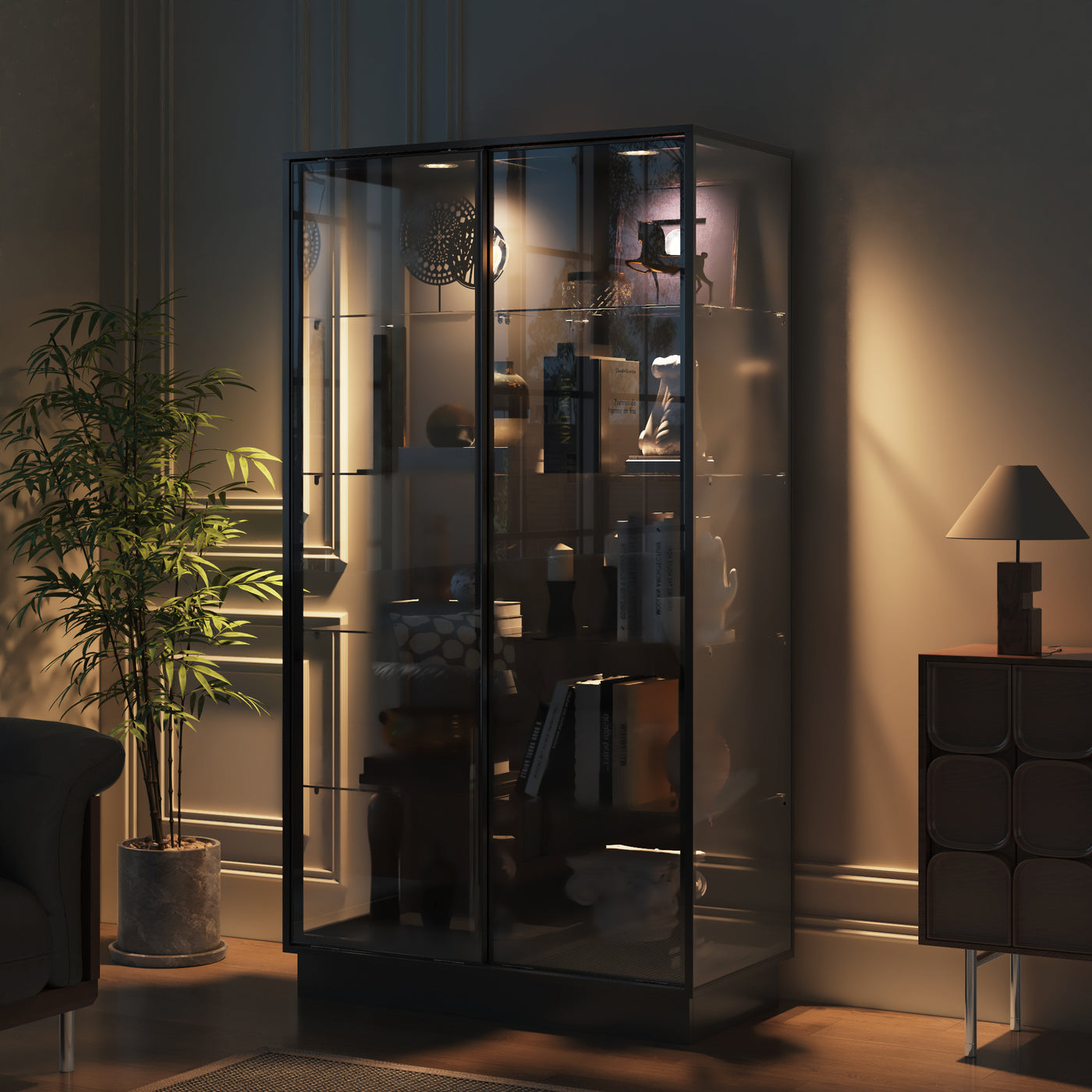 39.4" Modern Black 5-Tier Curio Cabinet with Sliding Glass Doors and LED Lights