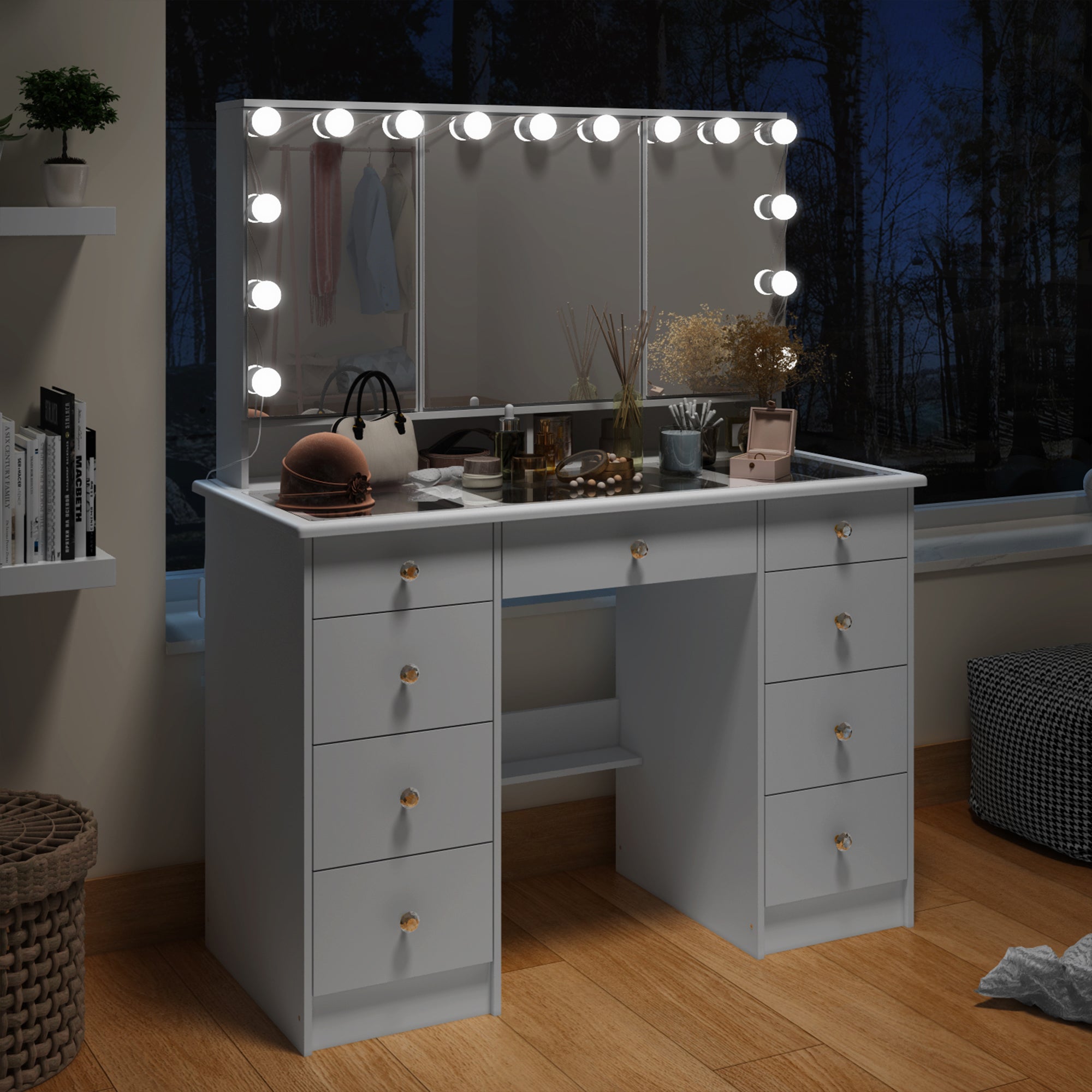 Home Makeup Dressing Table  With A Transparent Tempered Glass Countertop