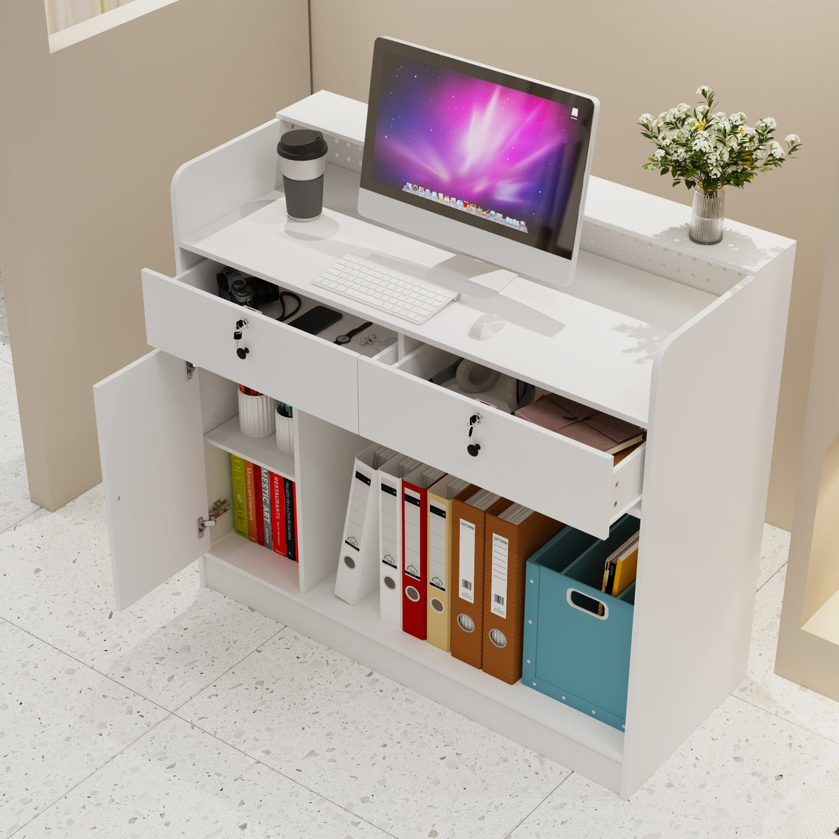 47.2 inches White Reception Desk with Metal Pegboard, Locking Drawers and Large Storage