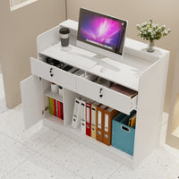 47.2" White Reception Desk with Metal Pegboard, Locking Drawers and Large Storage
