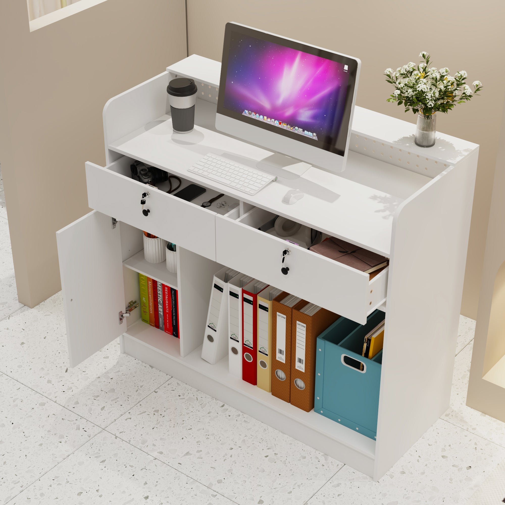 47.2 inches White Reception Desk with Metal Pegboard, Locking Drawers and Large Storage