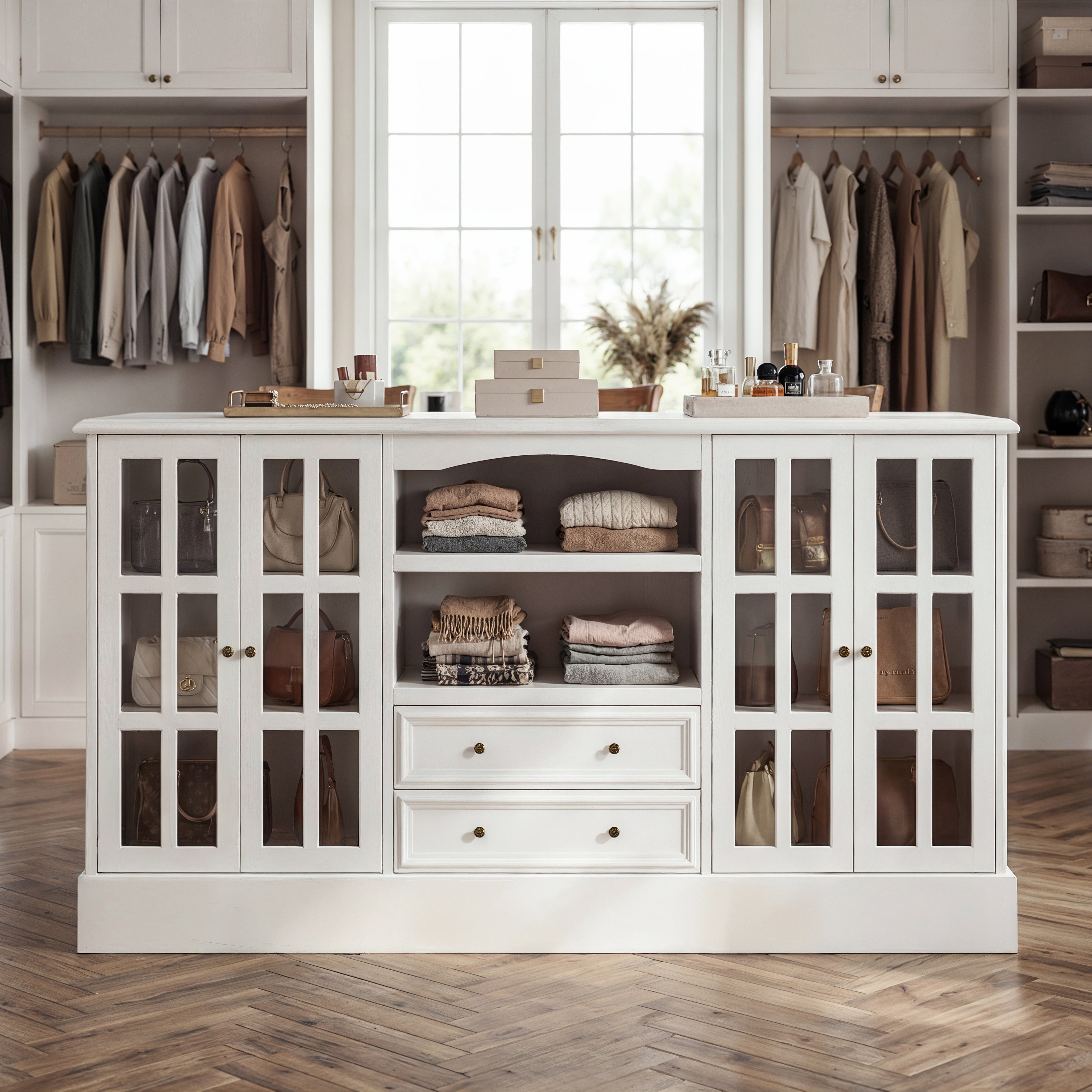 White kitchen island with glass cabinet doors, open shelves, and center drawers
