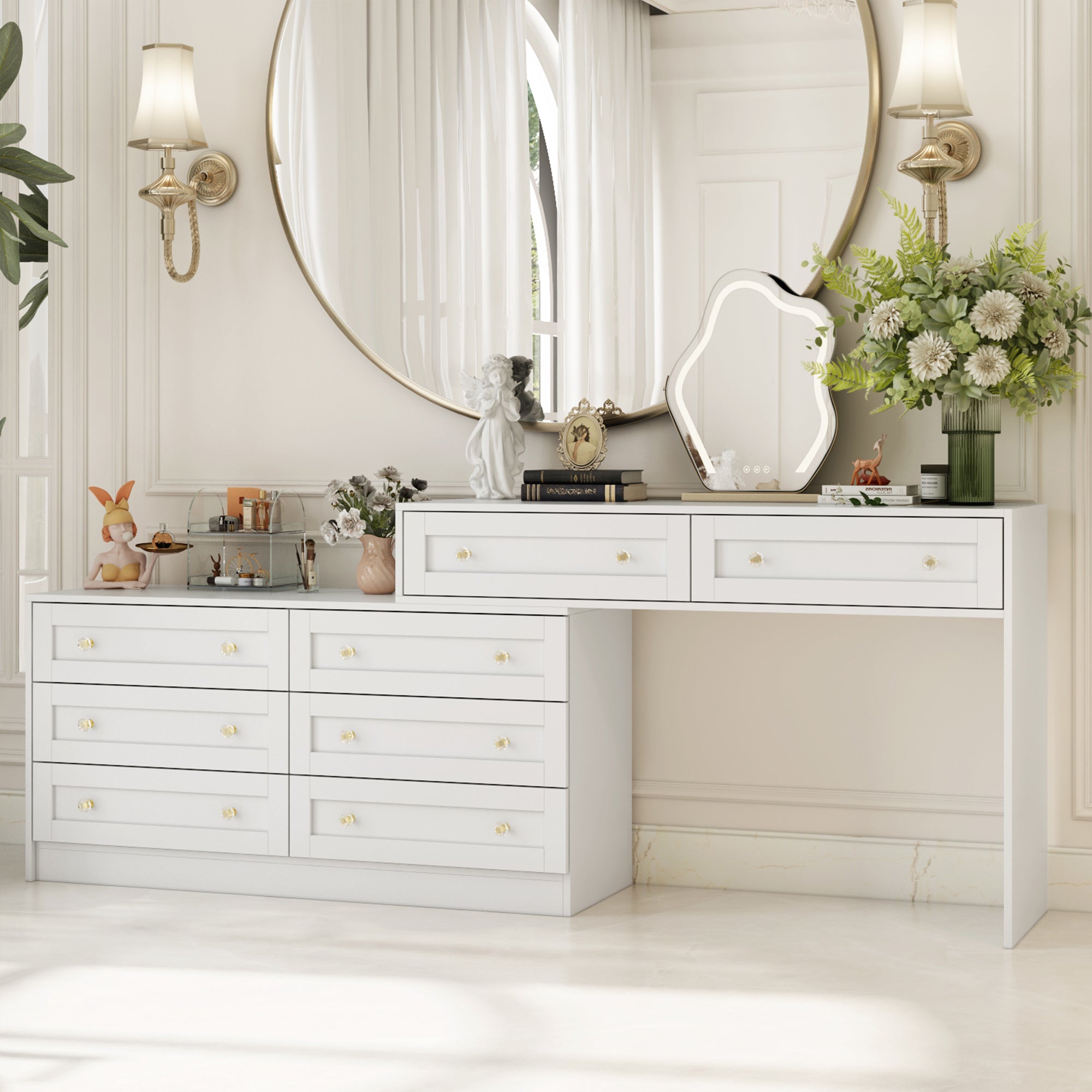 White Dresser and Vanity Versatile Storage Solution Crystal Desk