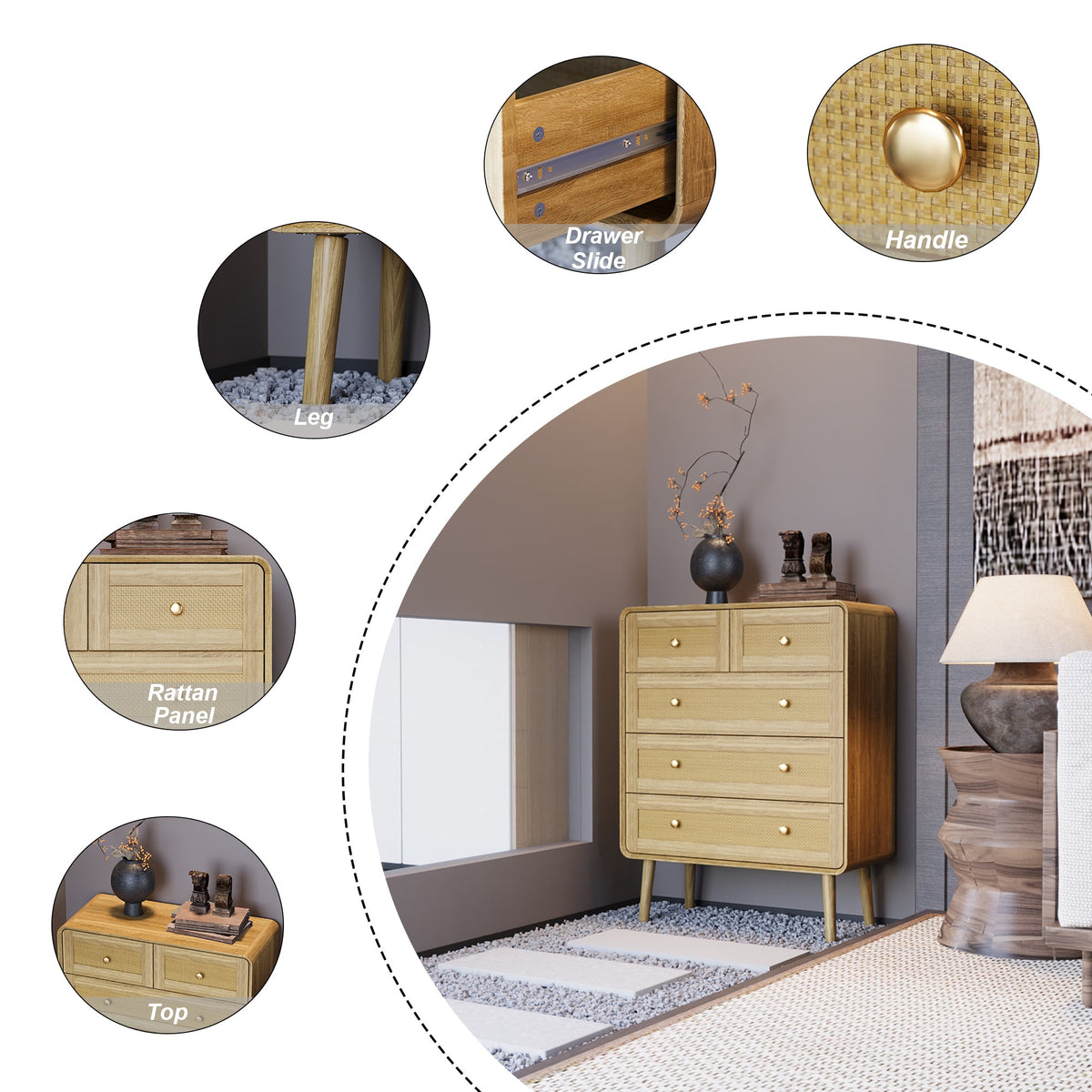 31.5" Modern Natural Vertical 5 Rattan Chest of Drawer