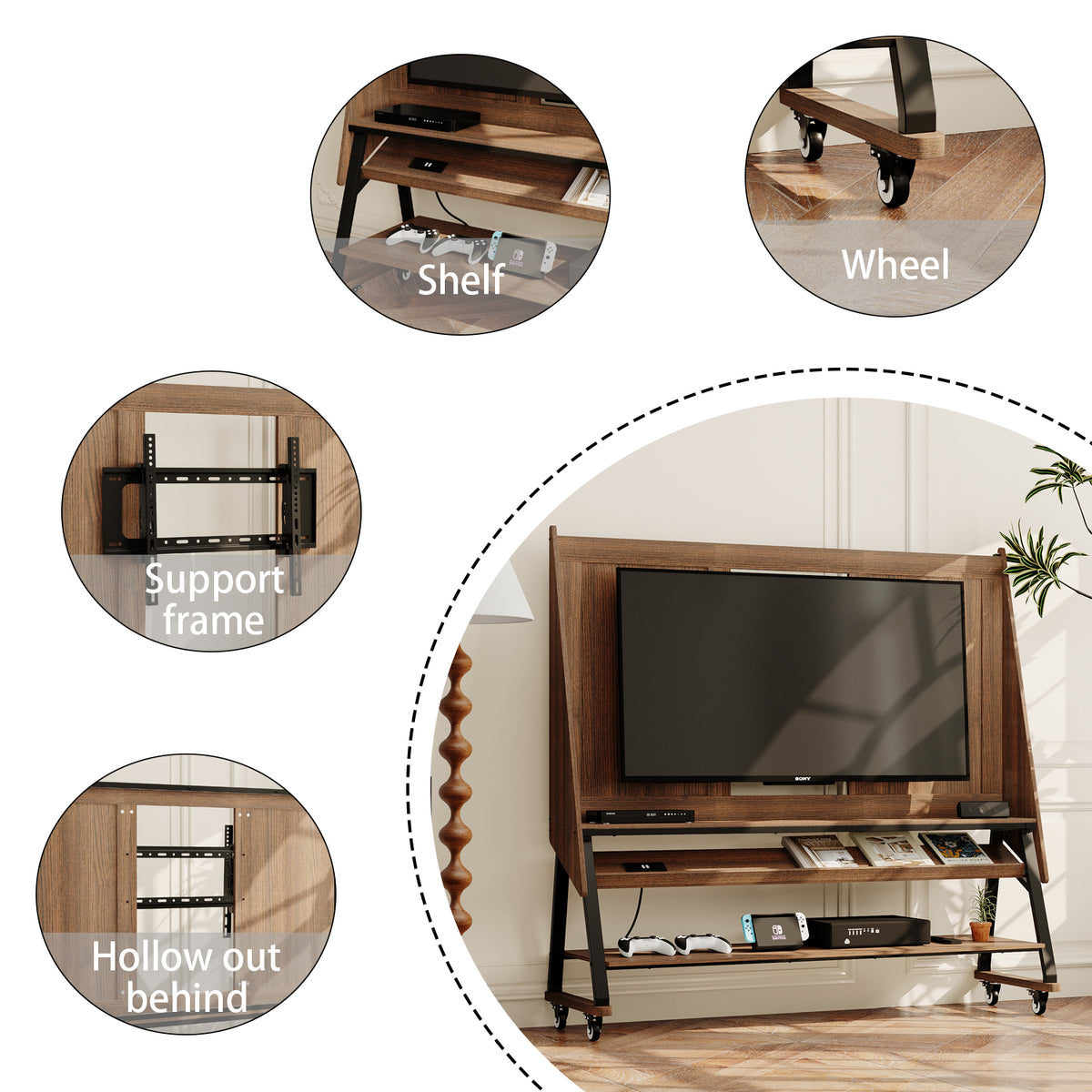 Brown TV stand with open shelves, black metal frame, and caster wheels
