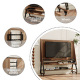 Brown TV stand with open shelves, black metal frame, and caster wheels