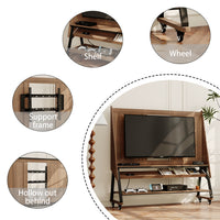 Brown TV stand with open shelves, black metal frame, and caster wheels