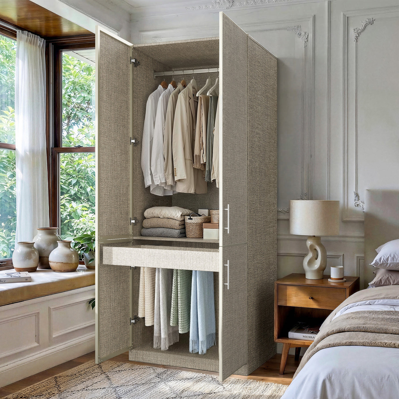 Beige armoire with pants rack and hanging rod