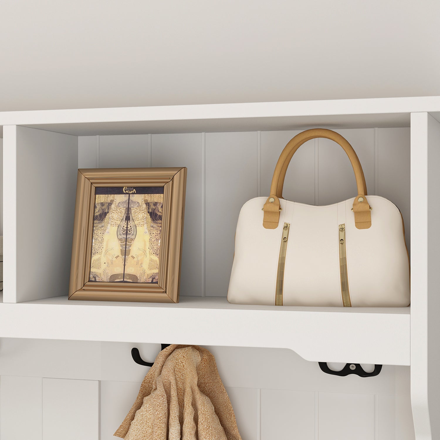 Modern Hall Tree with Storage Bench, 4-in-1 Entryway Bench with Coat Rack, Tall Hall Tree with 4 Metal Double Hooks, Shelves & 2 Drawers for Hallway, Living Room