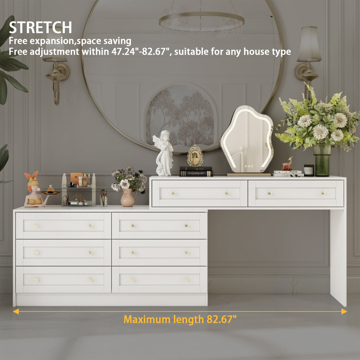 95" Modern Glam White Dresser and Vanity With Lights And Versatile Storage