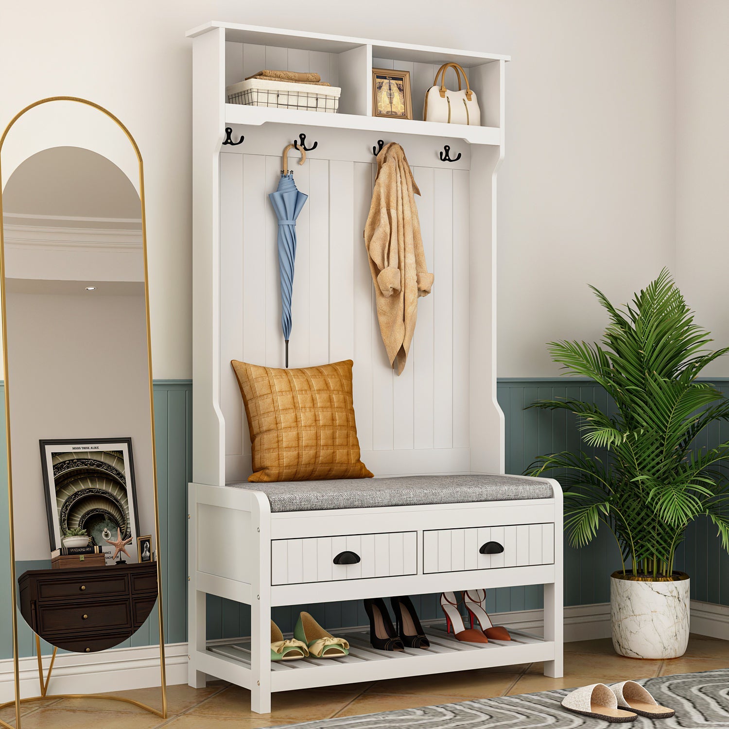 Modern Hall Tree with Storage Bench, 4-in-1 Entryway Bench with Coat Rack, Tall Hall Tree with 4 Metal Double Hooks, Shelves & 2 Drawers for Hallway, Living Room