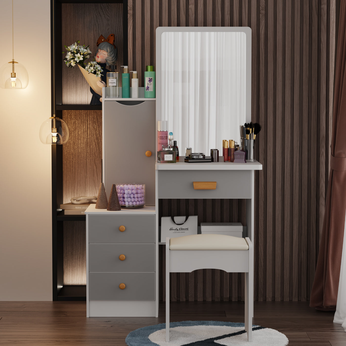 35.4" Modern White/Black Vanity Set with Sliding Mirror, 4 Drawers, Shelves and Cushioned Stool