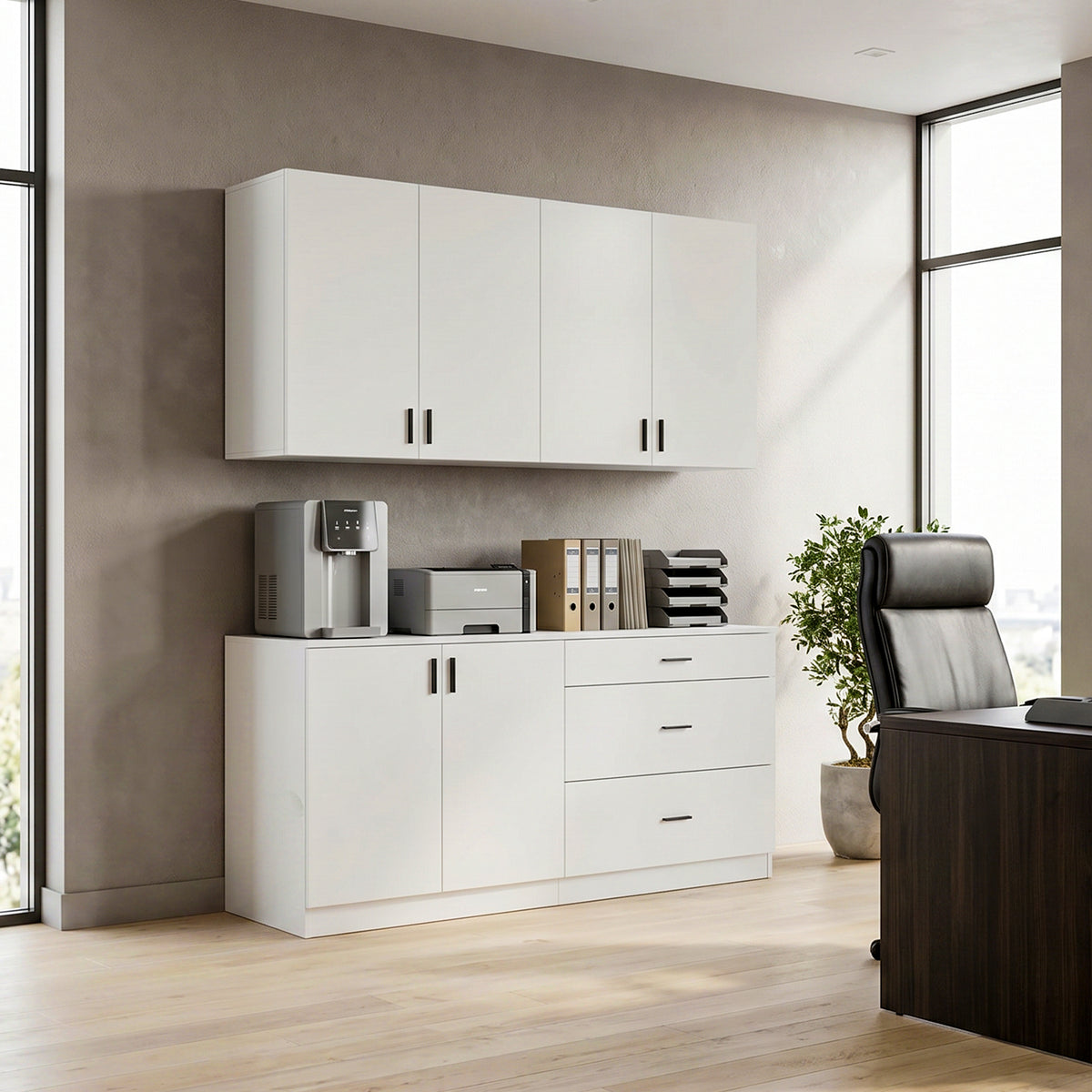 63" White Engineered Wood 2-Piece Garage Storage Cabinet with Wall Cabinet, Single Door & 3 Drawers