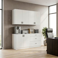 63" White Engineered Wood 2-Piece Garage Storage Cabinet with Wall Cabinet, Single Door & 3 Drawers