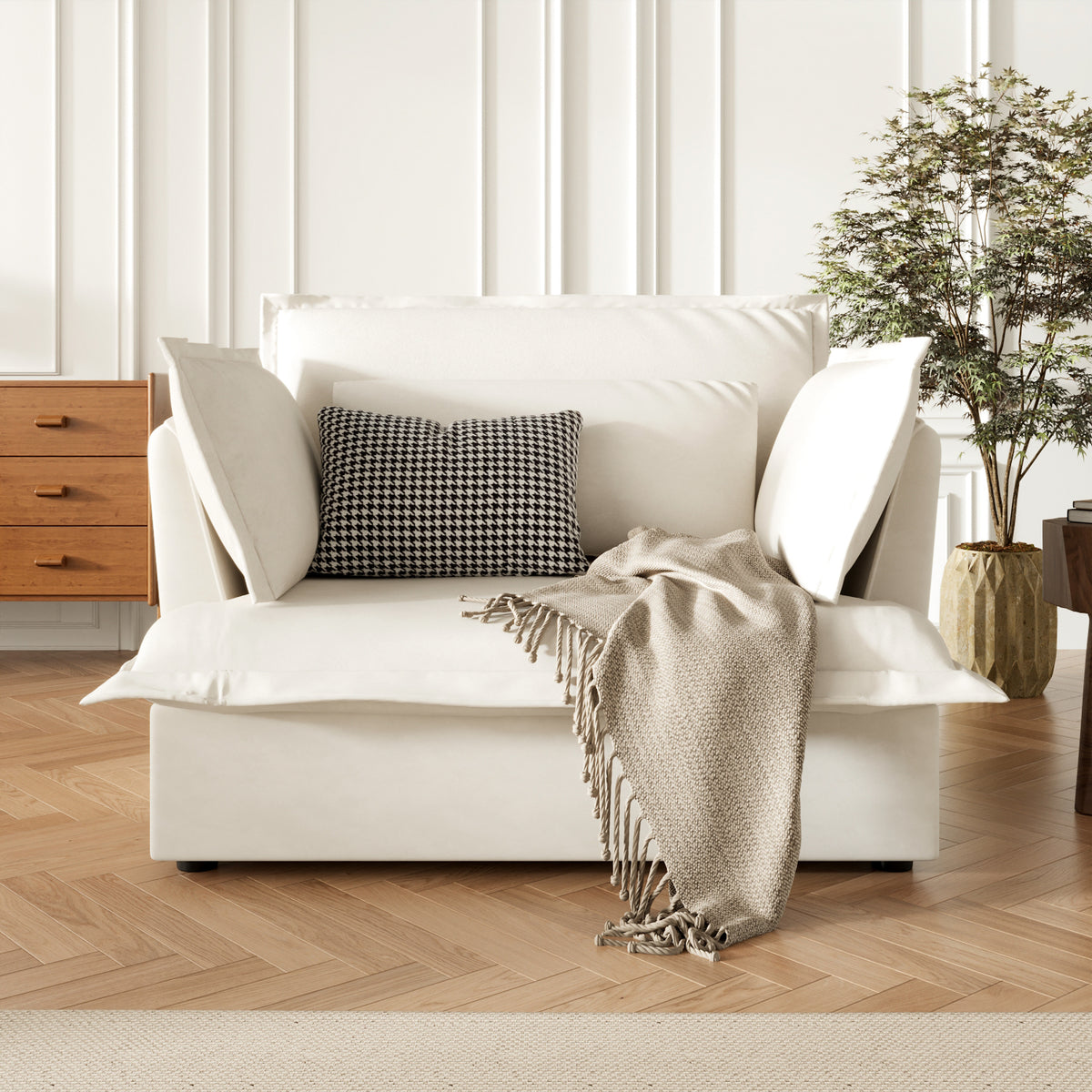 47.2" Modern White Upholstered Single Sofa with 3 Accent Pillows