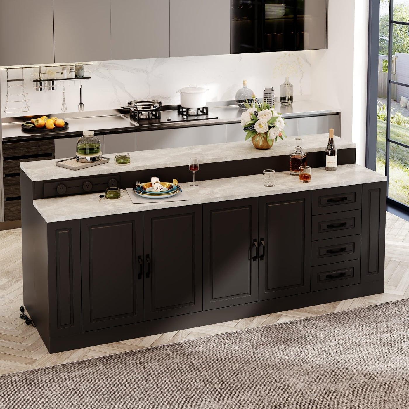 Modern kitchen with black island and marble countertop