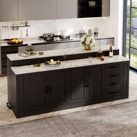 Modern kitchen with black island and marble countertop