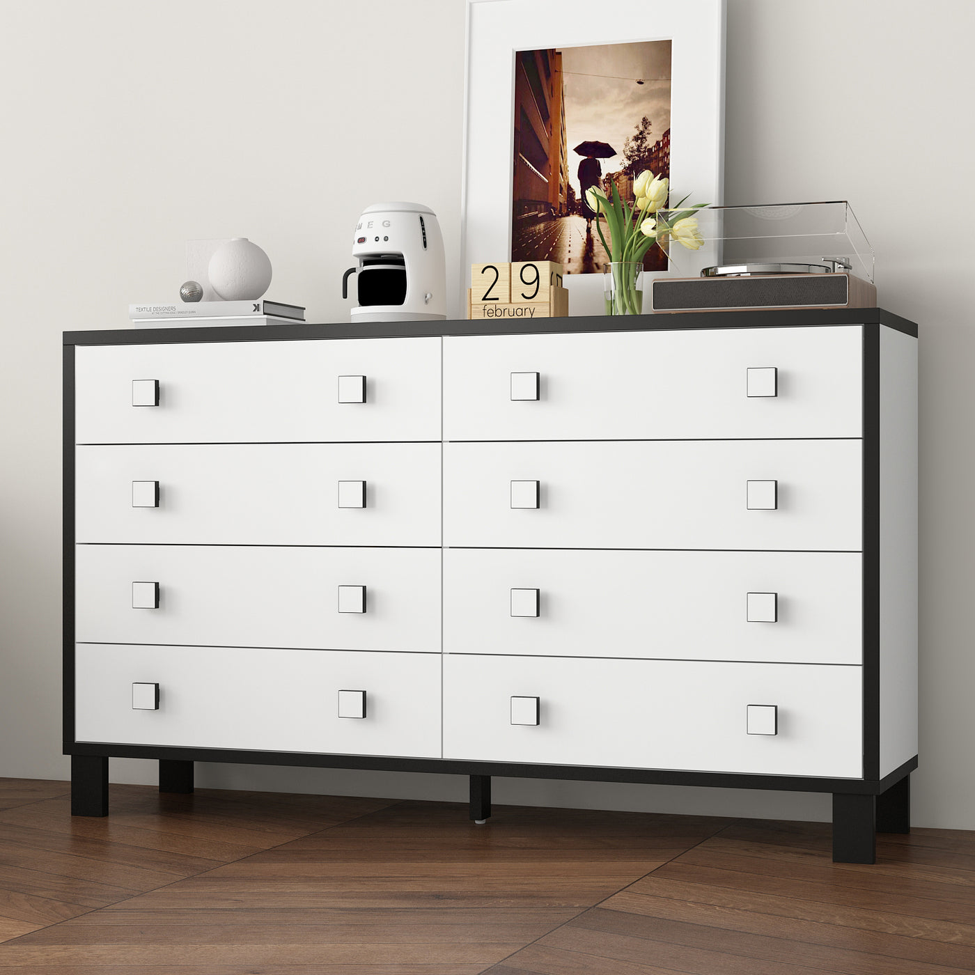 47.2" Modern White 8-Drawer Storage Cabinet with Square Handles