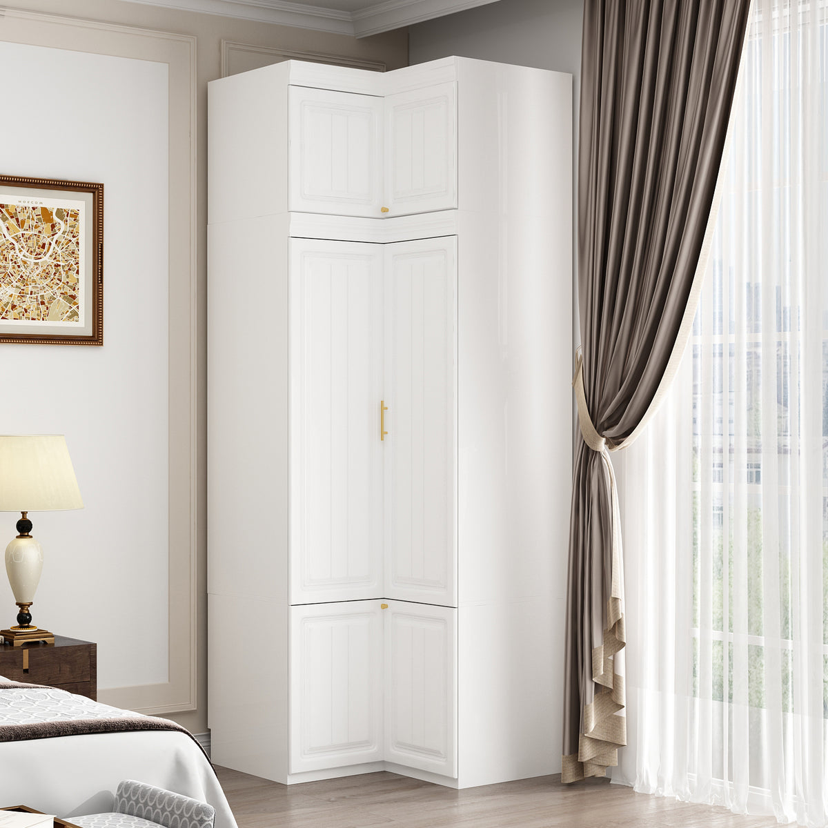 35.4" Modern White L-Shaped Corner Wardrobe with Top Cabinet