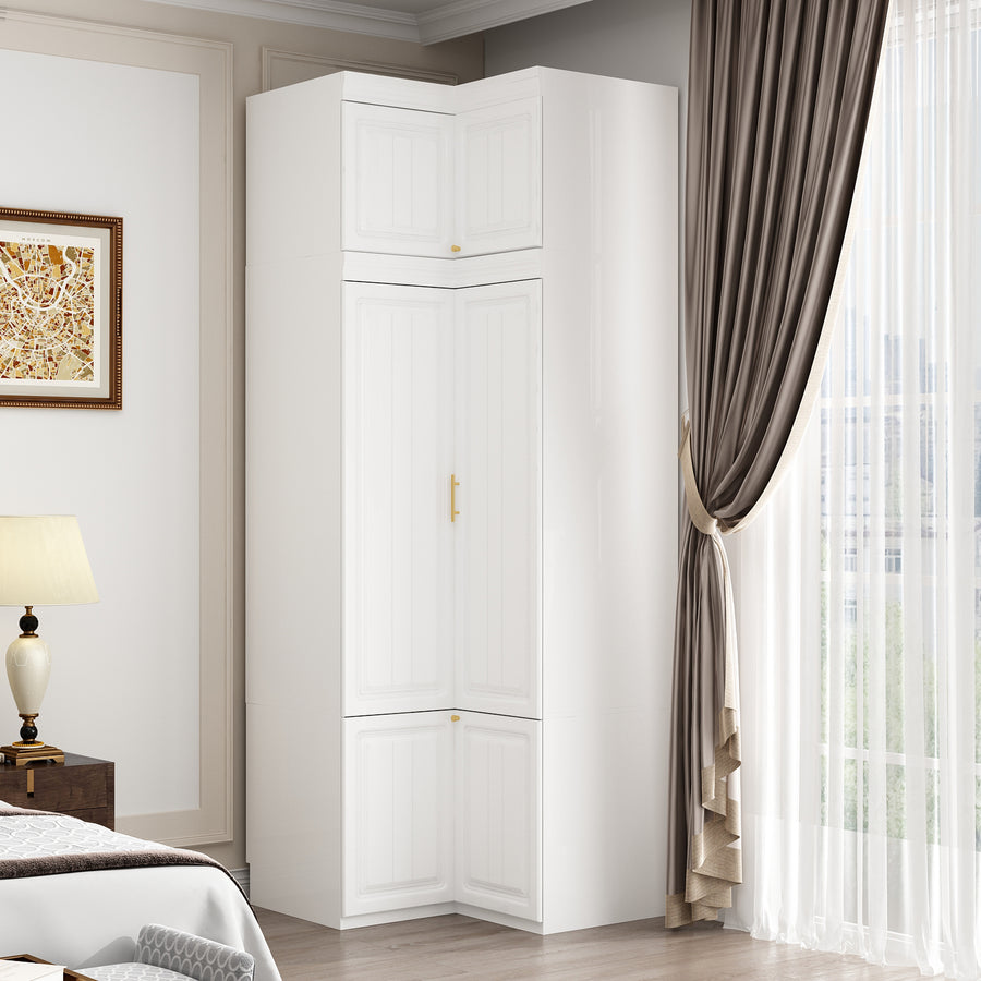 35.4" Modern White L-Shaped Corner Wardrobe with Top Cabinet