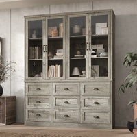 63" Vintage Oak Bookcase with 9 Drawers and 4 Glass Doors