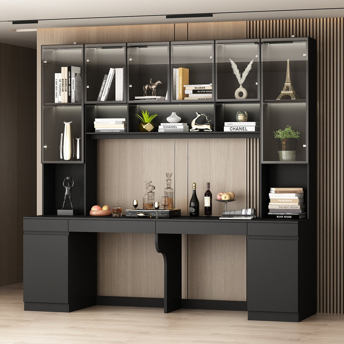 90.6" Transitional Black Computer Desk With Light And Glass Hinged Doors