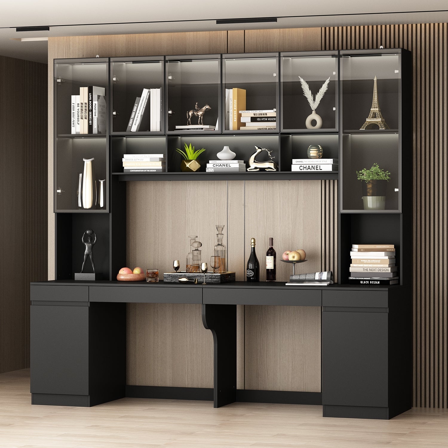 90.6 inches Transitional Black Computer Desk With Light And Glass Hinged Doors