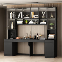 90.6" Transitional Black Computer Desk With Light And Glass Hinged Doors