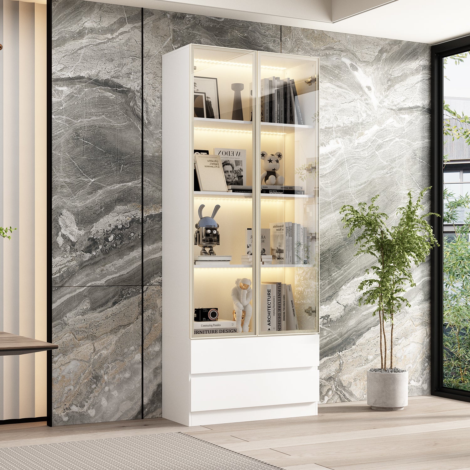 Display Cabinet With Adjustable Lights And Tempered Glass Door