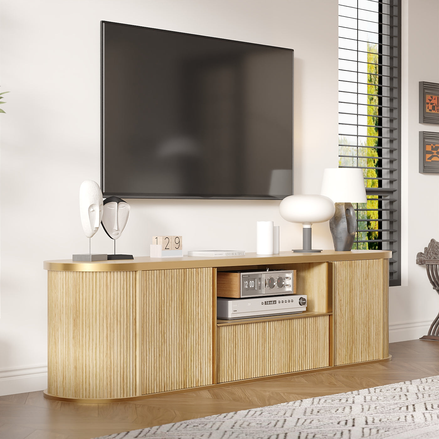 70" Symmetric Natural Wood L-Shaped TV Stand Media Console with Gold Trim