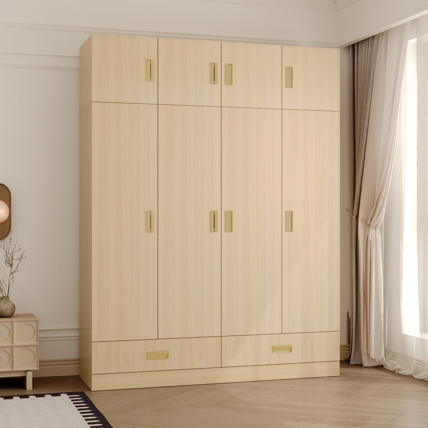 63" Beige Wood‑Grain 8‑Door Armoire Wardrobe with Top Cabinet, Hanging Rod and 2 Bottom Storage Drawers