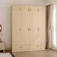 63" Beige Wood‑Grain 8‑Door Armoire Wardrobe with Top Cabinet, Hanging Rod and 2 Bottom Storage Drawers