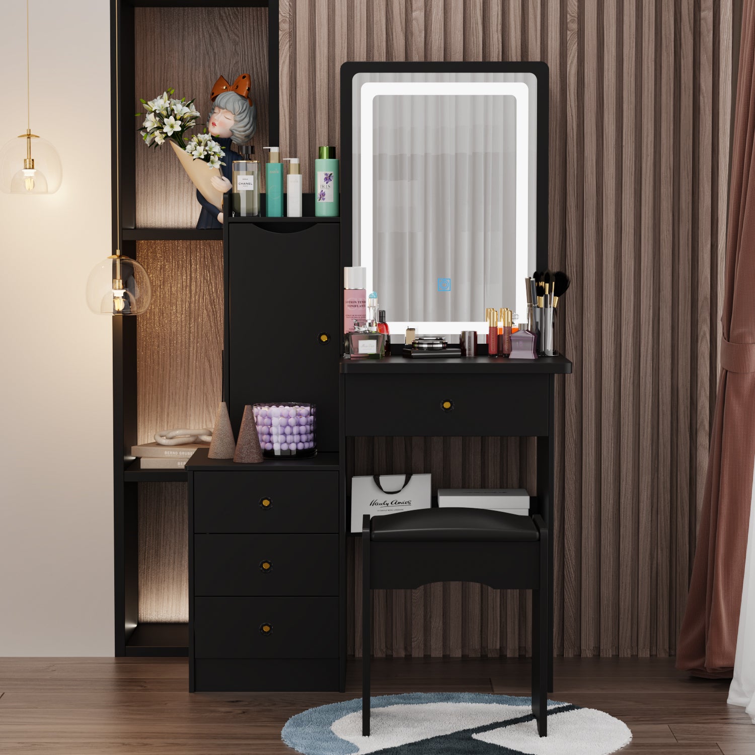 Vanity Set With Sliding Mirror, 4 Drawers, Shelves & Cushioned Stool