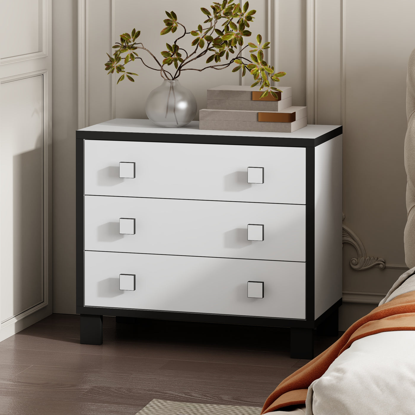23.6" Modern Black 3-Drawer Nightstand with Gold Handles