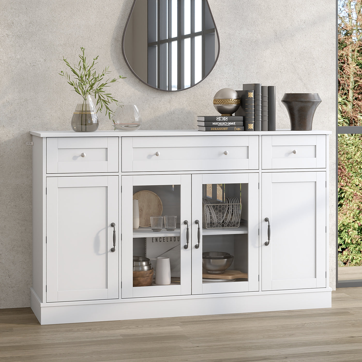 55" Modern White Sideboard Buffet Cabinet with 3 Drawers & LED Lights