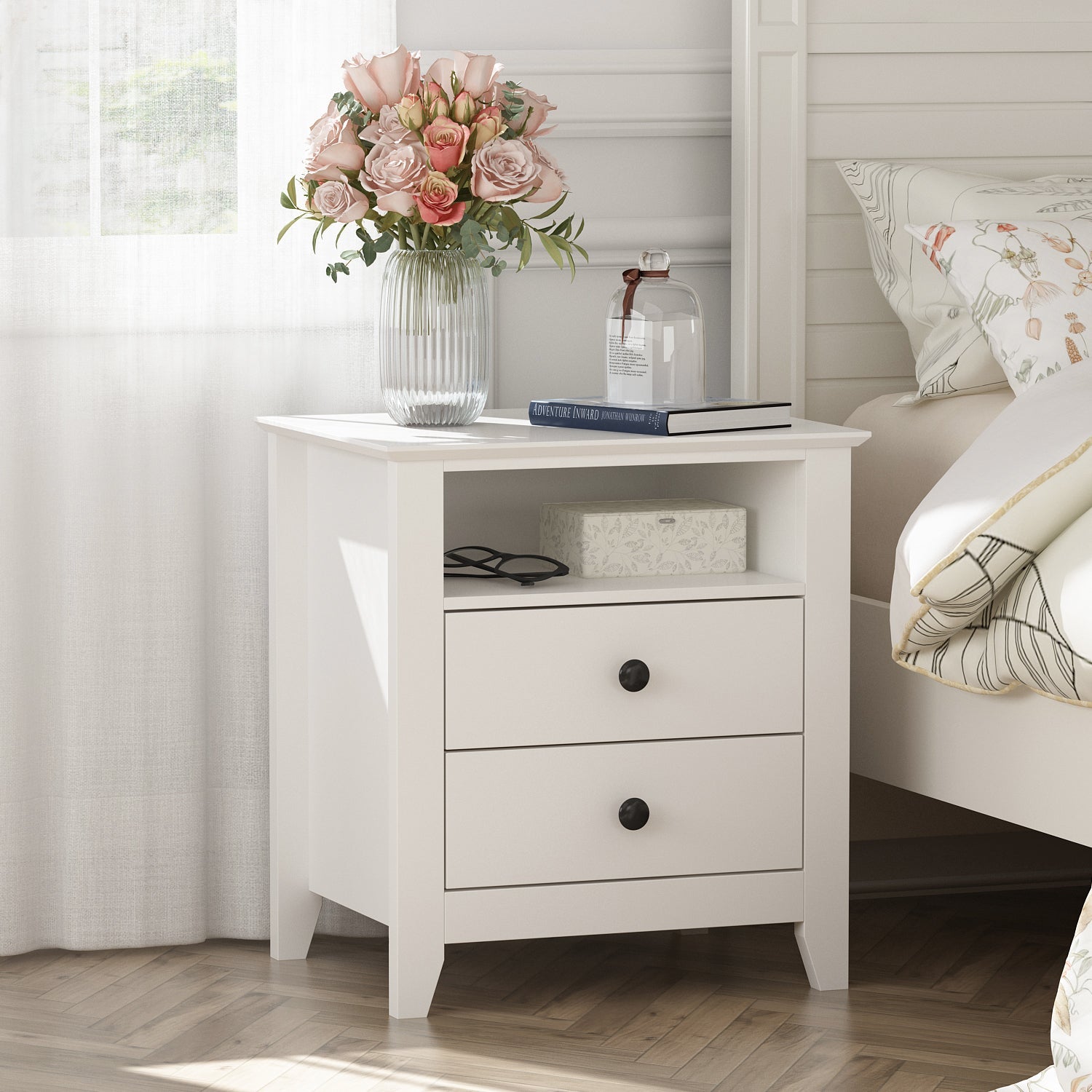 End Table Side Table with 2 Drawers & Shelf Bedside Table Nightstand - Thumbnail 4
