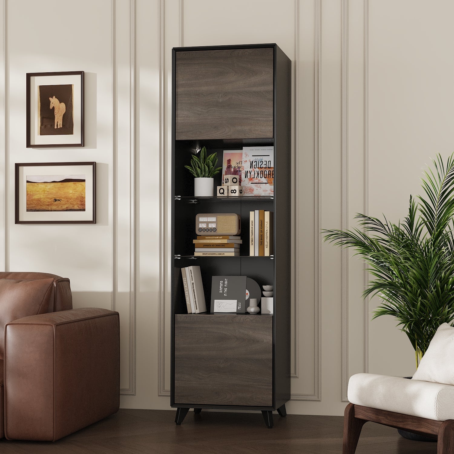 67'' Modern Tall Bookcase With Dual Cabinets, Glass Shelves & 3-Color LED Light Strips