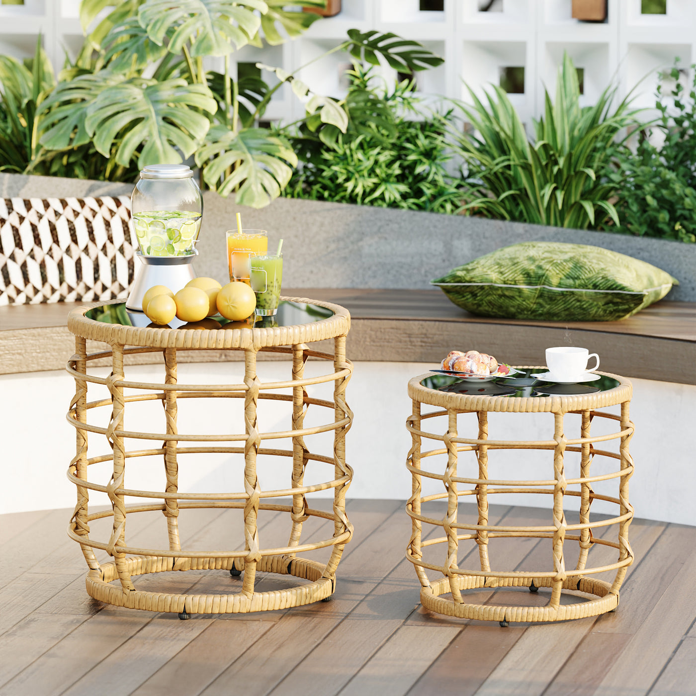 17.7" Boho Wood Solar Nesting Tables with Built-in Lights