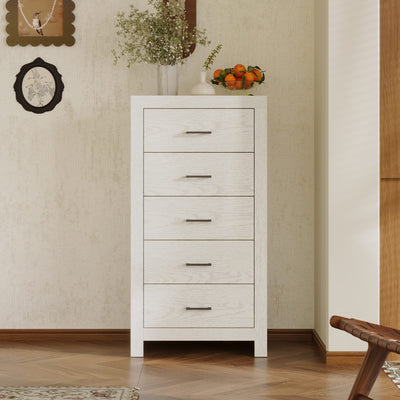 23.6" Modern White/Brown 5 Drawer Vintage Woodgrain Accent Chest