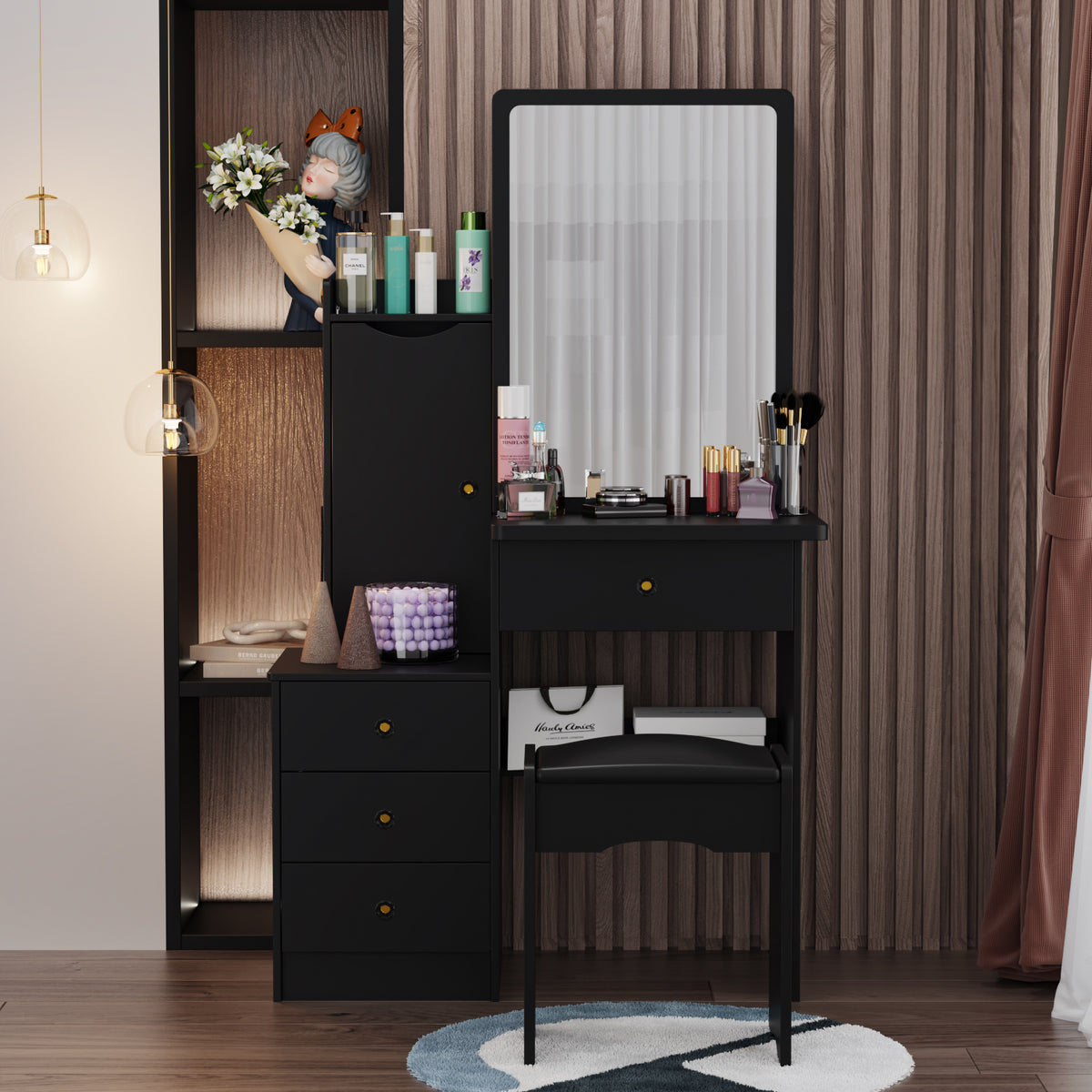 35.4" Modern White/Black Vanity Set with Sliding Mirror, 4 Drawers, Shelves and Cushioned Stool