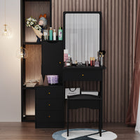 35.4" Modern White/Black Vanity Set with Sliding Mirror, 4 Drawers, Shelves and Cushioned Stool