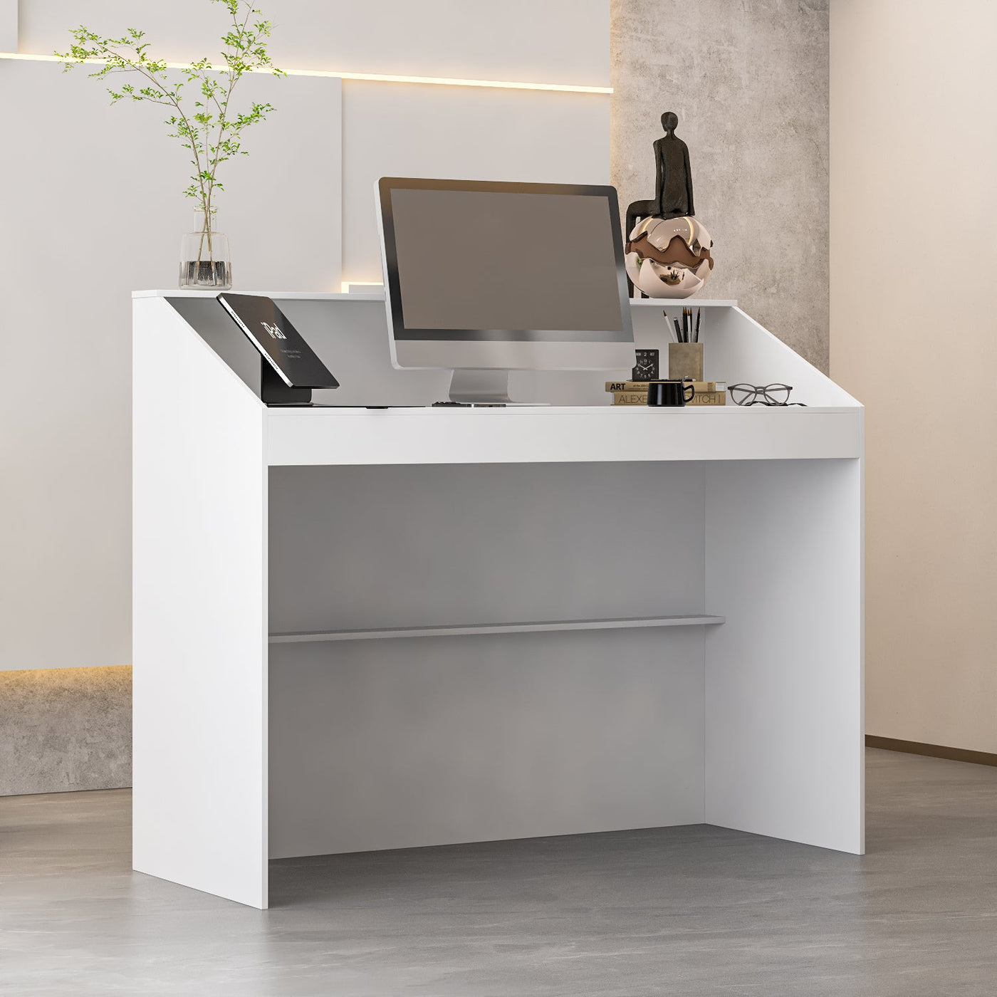 47.2" Modern White Rectangular Reception Desk With Open Shelves