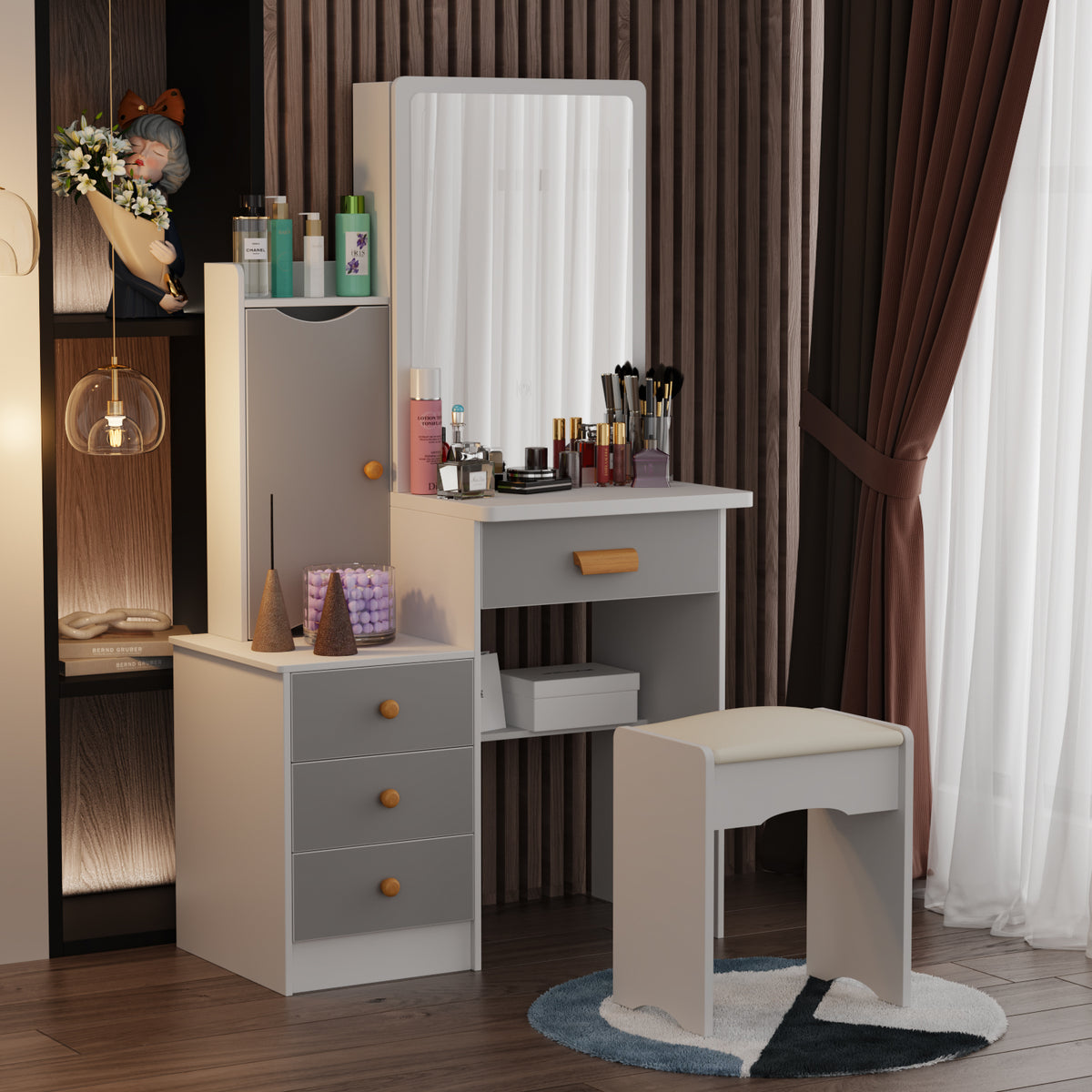 35.4" Modern White/Black Vanity Set with Sliding Mirror, 4 Drawers, Shelves and Cushioned Stool